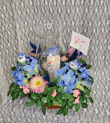 Lantern w/ Blue Birds & Silk Flowers 