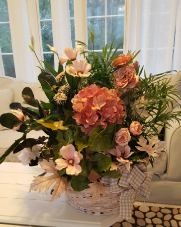 Large  planter with soft shades of pink SILK (P) Flowers. (Depending on stock...basket and Silk flowers and colors  could vary.