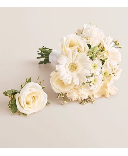 Large White Hand Held & Boutoniere Prom / Homecoming