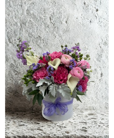 Lavender Devotion - Limited Availability Hat Box Arrangement in Mechanicsville, VA | Christy's Cottage - Home of Flowers by Zoie