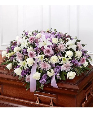 Lavender & White Mixed Half Casket Cover sympathy arrangements