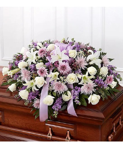Lavender & White Mixed Half Casket Cover sympathy arrangements