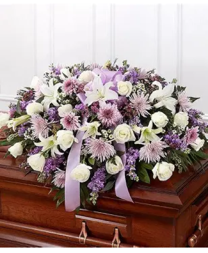 Lavender & White Rose Half Casket Cover Funeral Flowers