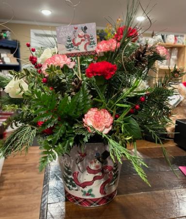 Let it Snow Metal Container with fresh arrangement