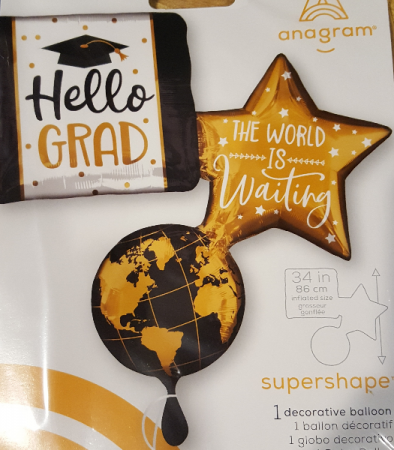 OVERSIZED 34" GRADUATION MYLAR (MB) "The world is waiting" comes with a weight.(Limited supply)
