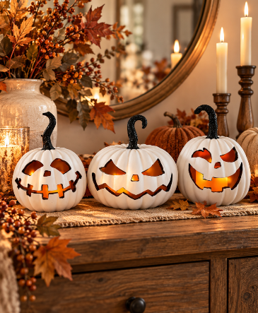 Light-Up White Jack-O'-Lantern Pumpkins  in Key West, FL | Petals & Vines Boutique