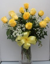 Long Stemmed Yellow Roses Arranged in Glass Vase
