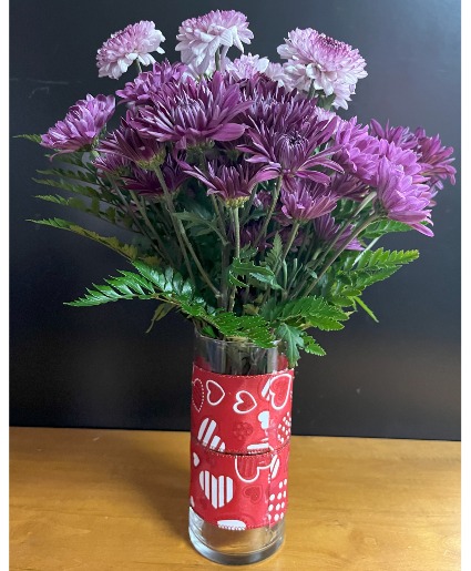 Love Purple Vase arrangement of purple pom poms and daisies
