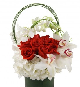 Love You in Red Hydrangea, Red Roses and Orchids