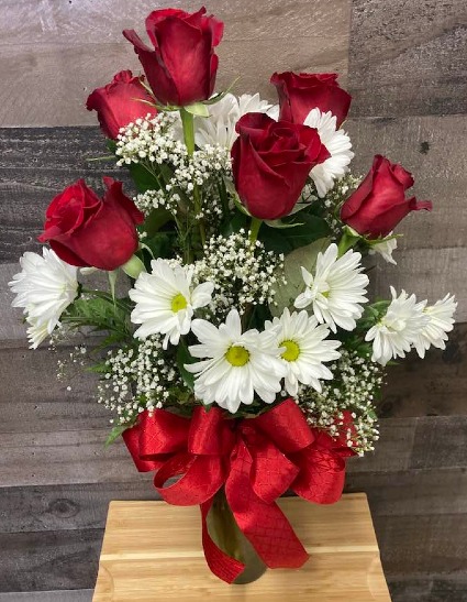 Lovely day Red rose and mums