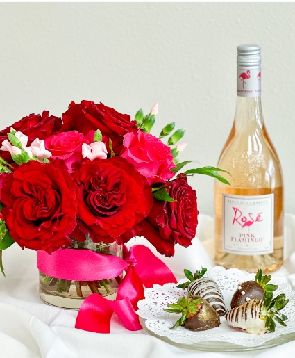 Lover's Package - Valentine's Day Special Flowers, Chocolate-Dipped Strawberries & Wine