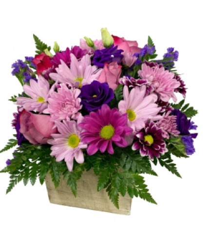 Luscious Lavender  Cube Arrangement  Container Maybe White  Flower Substitutions Maybe Necessary