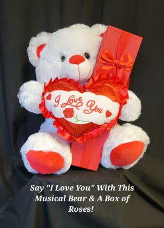 Medium White Bear With Box of Roses 