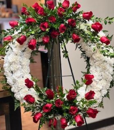 memorial easel spray-red and white  in Wellston, OK | Chelle's Petals