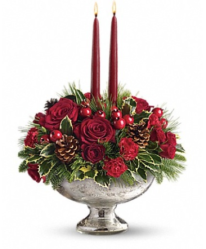 XMAS MERCURY GLASS BOWL CHRISTMAS ARRANGEMENT