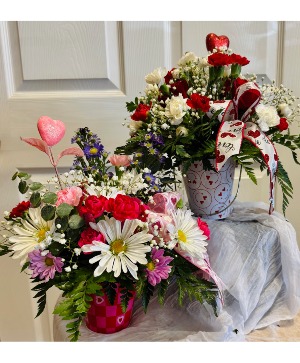One Metal Pail Bouquet Assorted Flowers One Fresh assorted valentine colors in metal pail