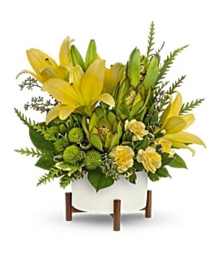 Mid-Century Bouquet Ceramic planter w/ wooded base