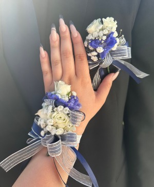 Midnight Blue Delphinium Spray Rose Prom Corsage Set