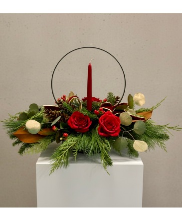 Midnight Evergreen  Flower Centerpiece in Medina, NY | CREEKSIDE FLORAL AND DESIGN