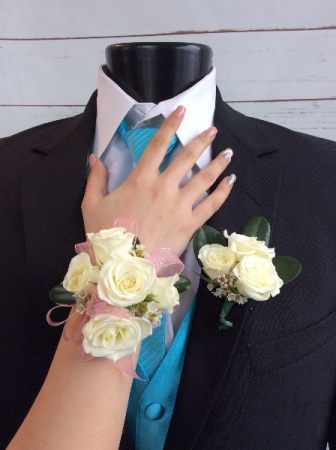 Mini Rose (White) Corsage & Boutonniere Pair