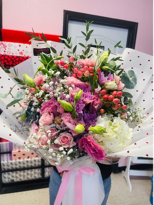 Mixed Bouquet Bouquet made of mini spray roses, hydrangeas, lilac cushion, baby breath, etc.