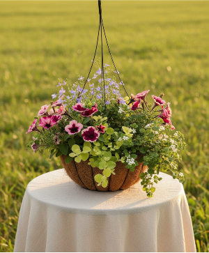 Mixed Summer Annuals in Wire/Moss Hanging Basket
