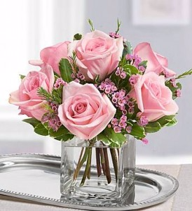 (R) CUBE VASE WITH 6 PINK ROSES WITH FILLER!  Wax flower if in season or baby's breath. ( roses vary in light to dark pink weekly)