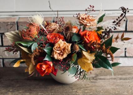 Modern Fall Centerpiece Floral Design in Ceramic container 
