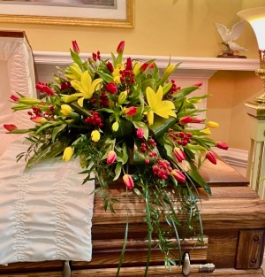 MODERN TULIPS CASCADE CASKET FLOWERS