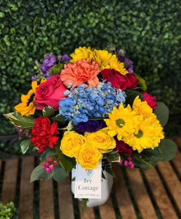 Mom’s Beautiful Bouquet  Beautiful bright colored flowers arranged in vase.   in Friona, TX | Ivy Cottage Flowers Gifts & Greenhouse