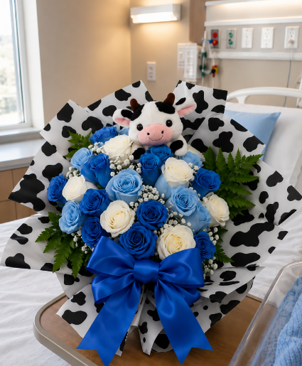 Moo-tiful Baby Boy Call Us for Faster Service & Daily Specials: (915) 303-8500 Text Us to Order Anytime: (915) 505-3708 Your trusted source for Flowers & Delivery in El Paso TX 