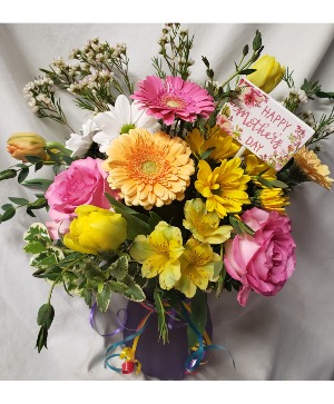MOTHER'S DAY SPRING BLOOMS...ROSES, GERBERA (MD) Daisies, daisies, tulips , etc arrangement...INCLUDES A HAPPY MOTHERS DAY PICK