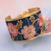 Navy and peach embroidered cuff bracelet