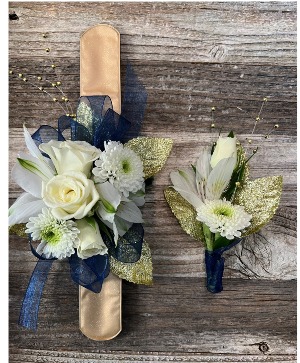 Navy and White wrist corsage and boutonierre Corsage and Boutonierre