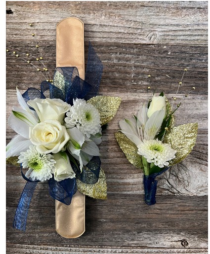 Navy and White wrist corsage and boutonierre Corsage and Boutonierre