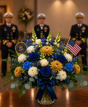 Navy Honor & Glory Bouquet Call Us for Faster Service & Daily Specials: (915) 303-8500 Text Us to Order Anytime: (915) 505-3708 Your trusted source for Flowers & Delivery in El Paso TX 