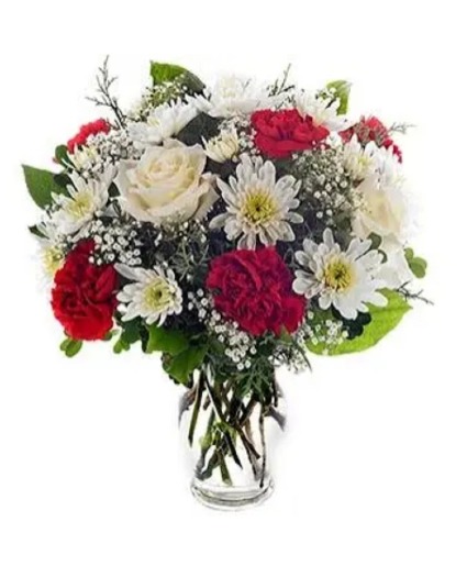 "NEW Chapters"..(G).red and white flowers in  vase