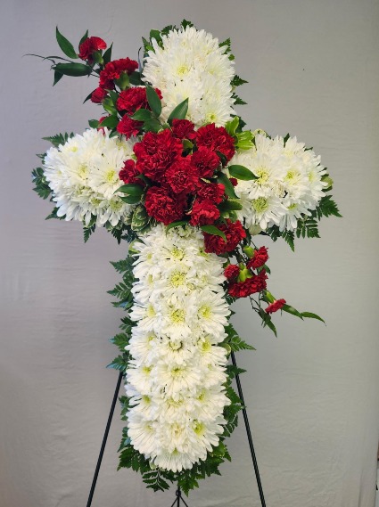 NFS-S7  24" Cross with red swag Standing spray