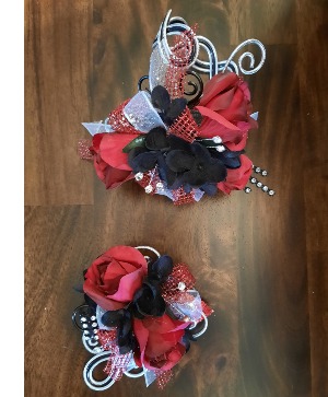 Non Trad Corsage & Boutonniere Set Faux Blooms on Wired Bracelet & Bout
