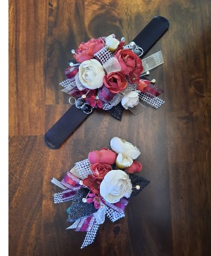 Non Trad Corsage & Boutonniere Set Faux Blossoms on Slap Bracelet