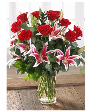 Now, Forever and Always Elegant Mix of Red Roses and Stargazer Lilies in Booneville, AR | Booneville Flower Shop