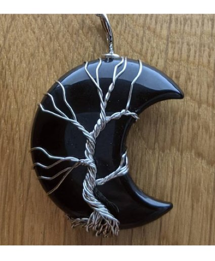 Obsidian Crescent Moon Pendant – Wire-Wrapped Tree 
