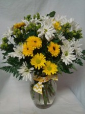 "Daisy  Daisy" ..(E)..White and Yellow daisies  arranged in a vase with berries or filler and bow!!
