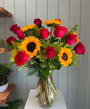 One Dozen Roses + Sunflowers 