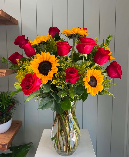 One Dozen Roses + Sunflowers 