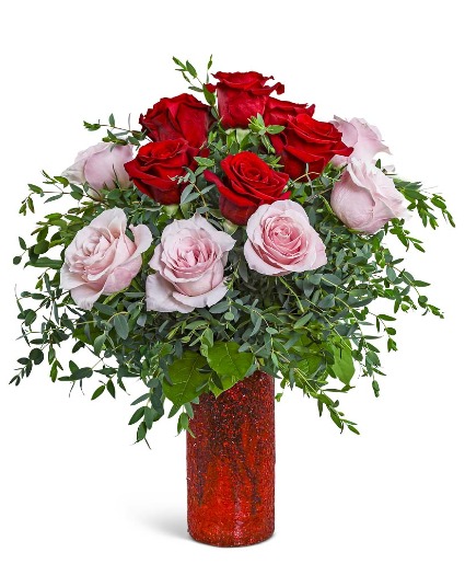 One Dozen Sparkling Pink and Red Roses Flower Arrangement