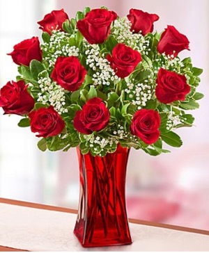 One Dozen Stunning Red Roses in a Red Vase  Vase