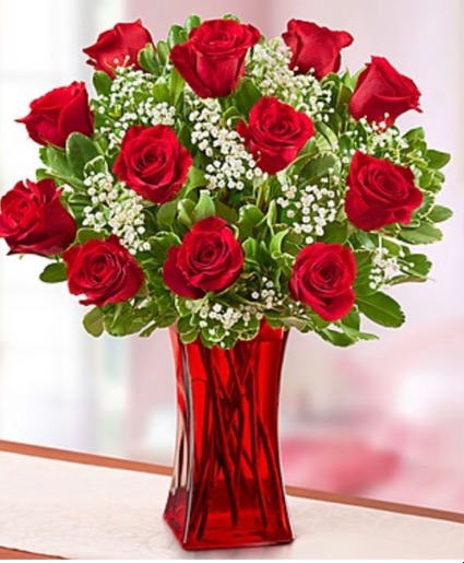 One Dozen Stunning Red Roses in a Red Vase  Vase