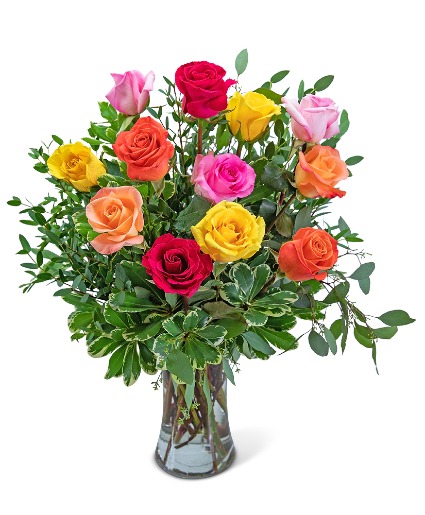 One Dozen Vibrant Roses Floral Arrangement