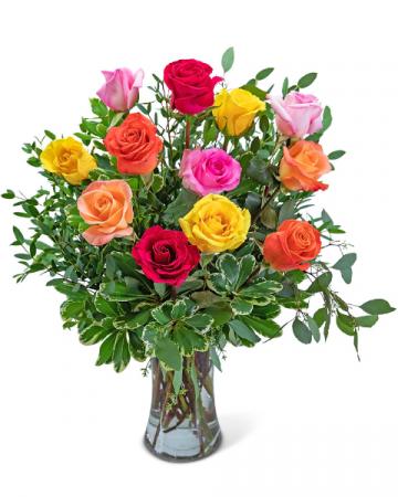 One Dozen Vibrant Roses Flower Arrangement 